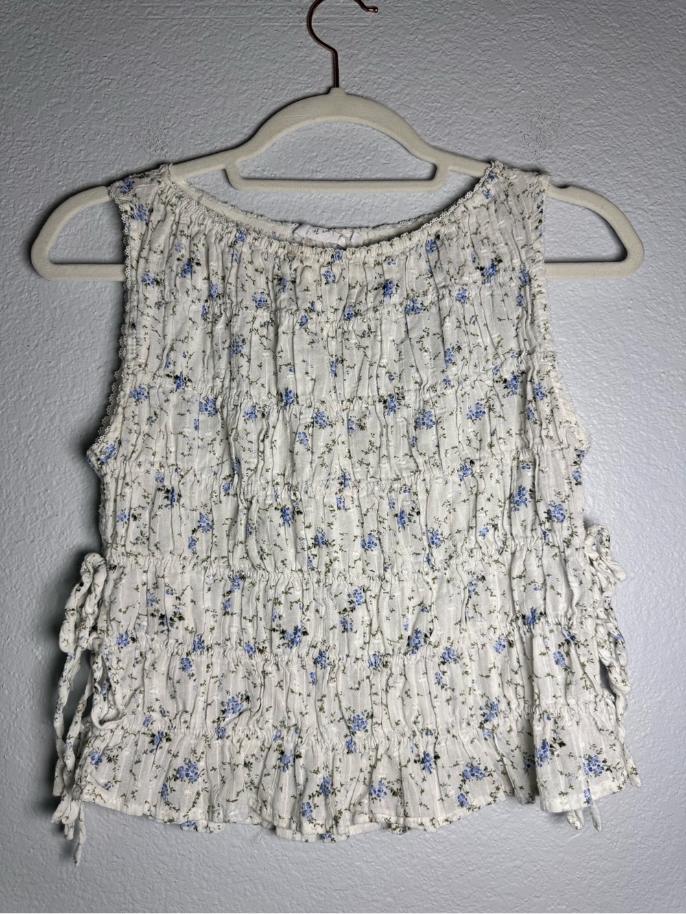 All in Favor Cream Smocked Tank with Blue Floral Print